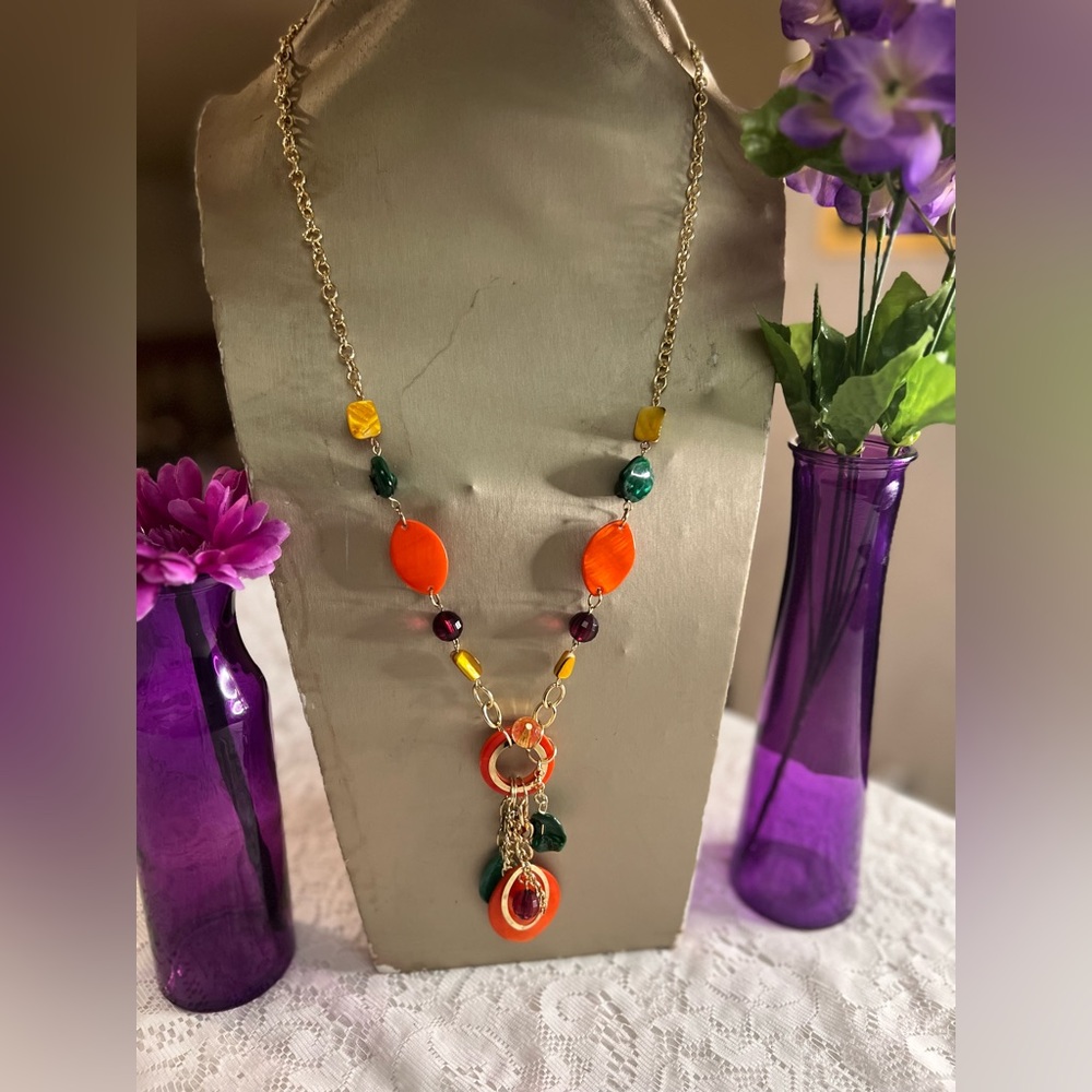Beautiful long chain shell and glass beaded gold plated necklace